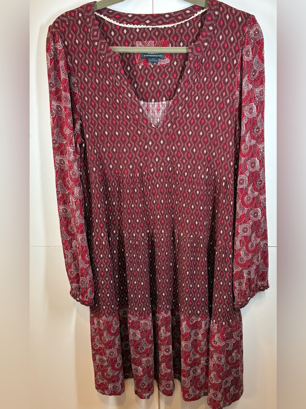 Maeve by Anthropologie Boho Mixed Print V-Neck Empire Waist Dress Size Large